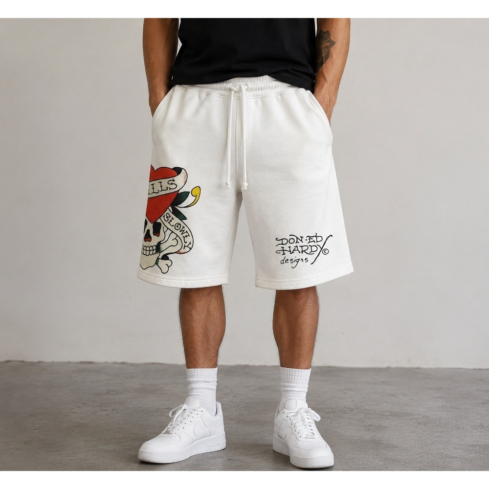 Ed Hardy Mens Kills Slowly Skull Heart Graphic Sweat Shorts Cream White Medium
